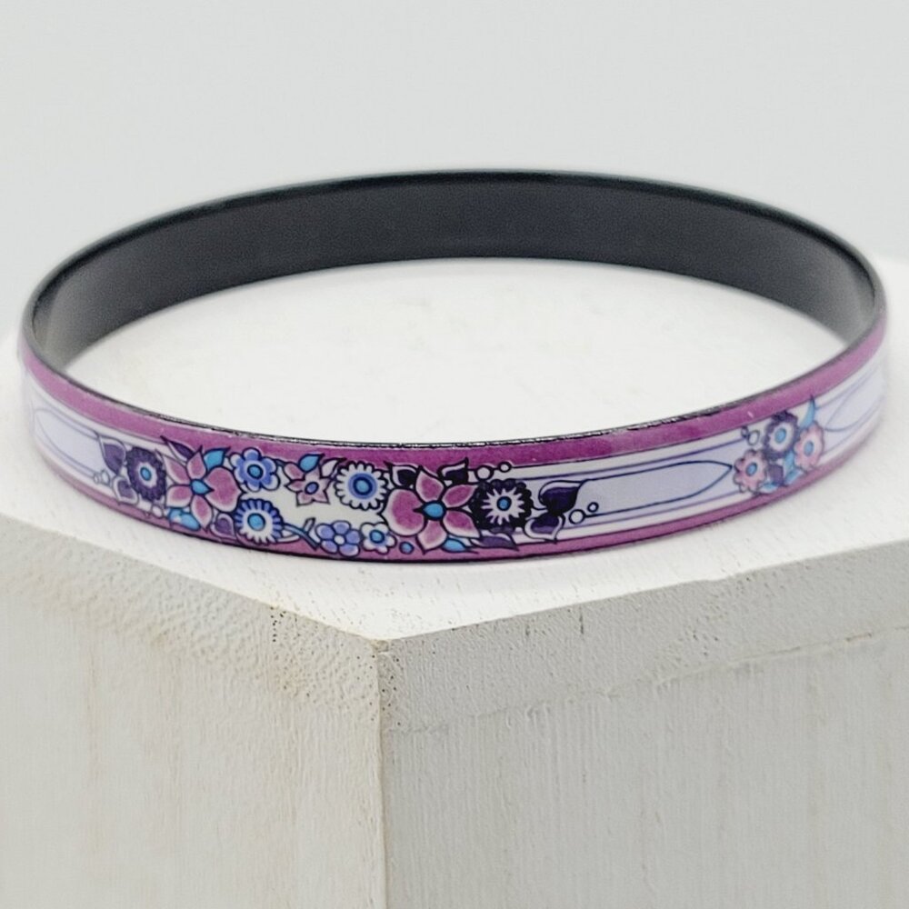Signed Michaela Frey Team Vintage Fire Enameled Floral Pattern Bangle Bracelet - Picture 2 of 6